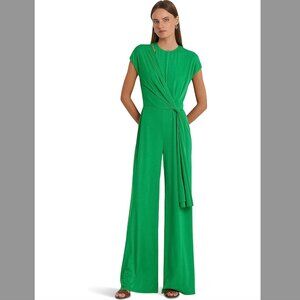 Lauren Ralph Lauren Green Topaz Tie-Front Jersey Wide-Leg Jumpsuit | Size 14
